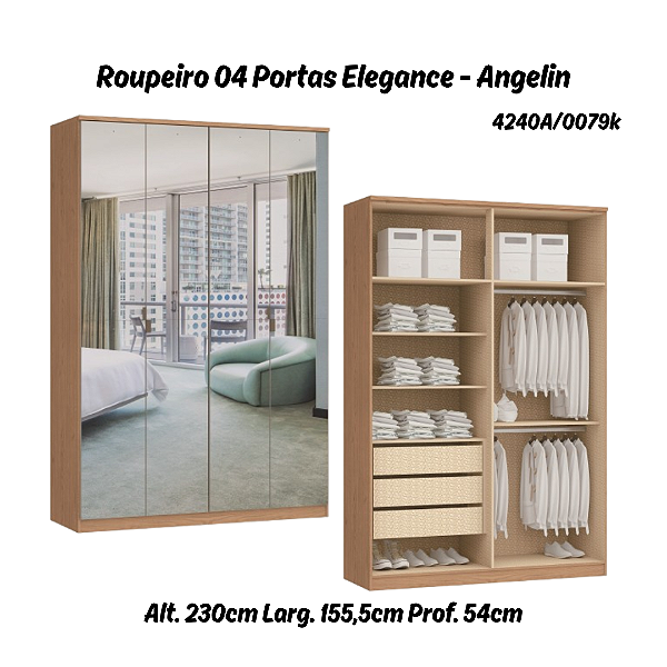 Roupeiro 04 Portas Elegance com Espelho - 4240A - Angelin - Moveis Castro