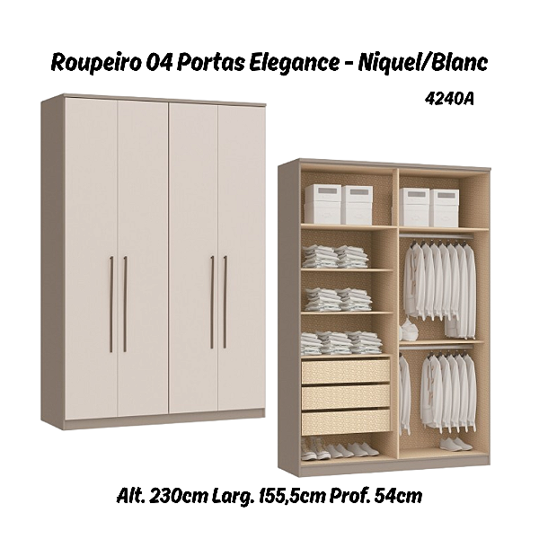 Roupeiro 04 Portas Elegance - 4240A - Niquel/Blanc - Moveis Castro