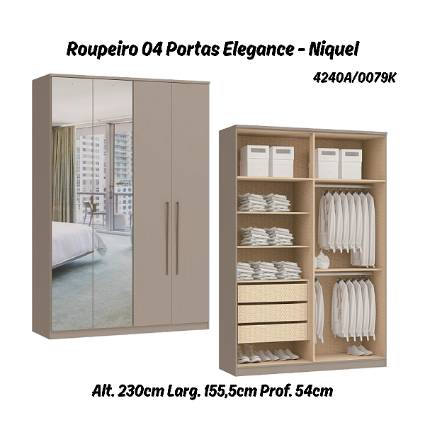 Roupeiro 04 Portas Elegance c/ 02 Portas Espelho - 4240A - Niquel - Moveis Castro