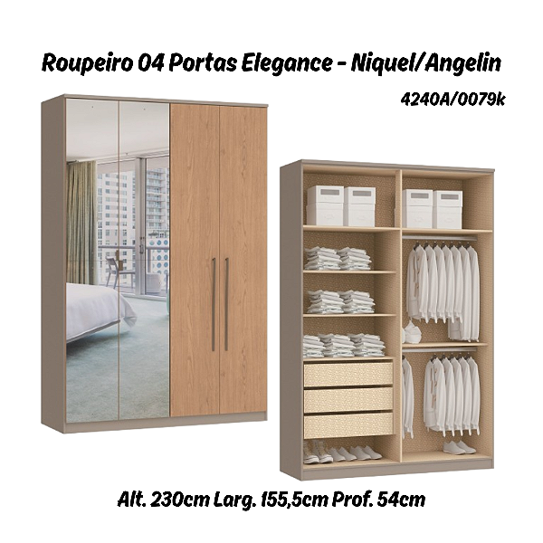 Roupeiro 04 Portas Elegance c/ 02 Portas Espelhos - 4240A - Niquel/Angelin - Moveis Castro