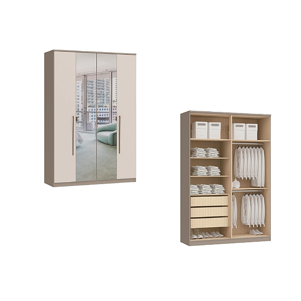 Roupeiro 04 Portas Elegance com Espelhos - 4240A - Niquel/Blanc - Moveis Castro
