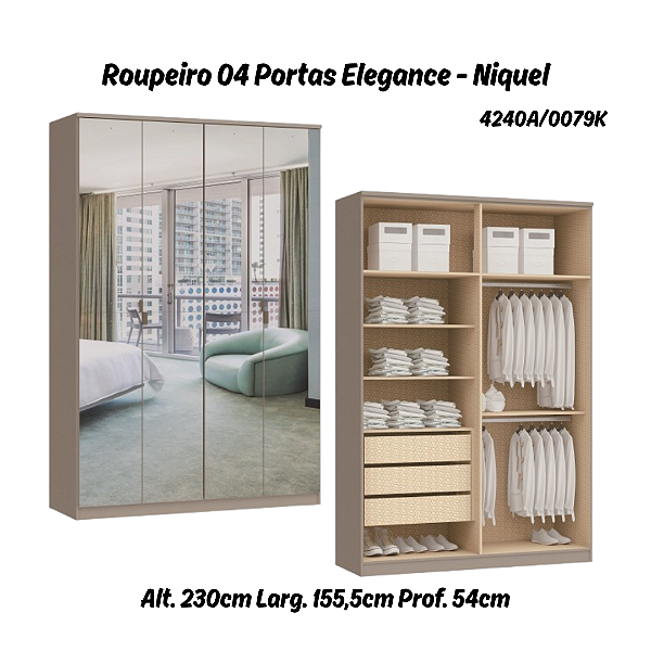 Roupeiro 04 Portas Elegance com Espelhos - 4240A - Niquel - Moveis Castro