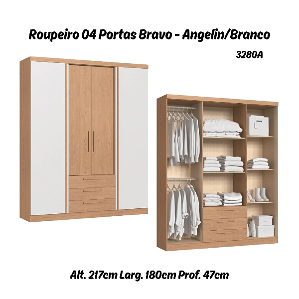 Roupeiro 04 Portas Bravo - 3280A - Angelin/Branco - Móveis Castro