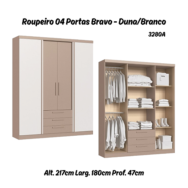 Roupeiro 04 Portas Bravo - 3280A - Duna/Branco - Móveis Castro