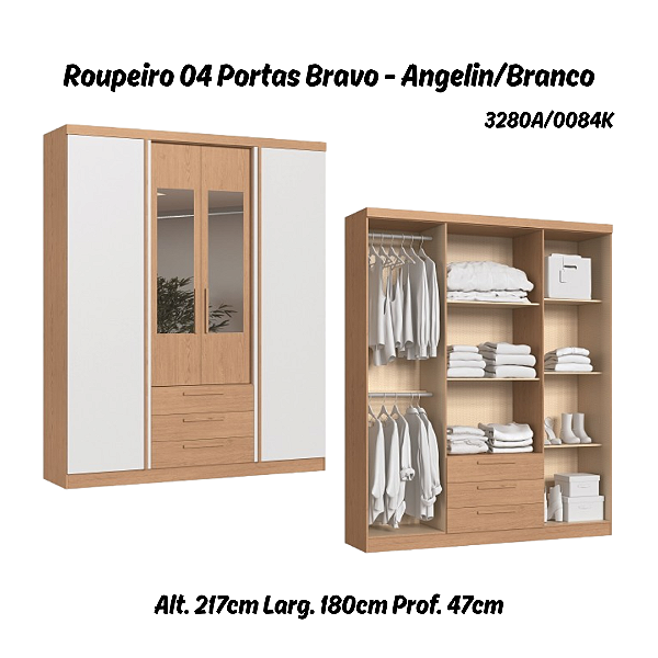 Roupeiro 04 Portas Bravo c/ Espelho P - 3280A - Angelin/Branco - Móveis Castro