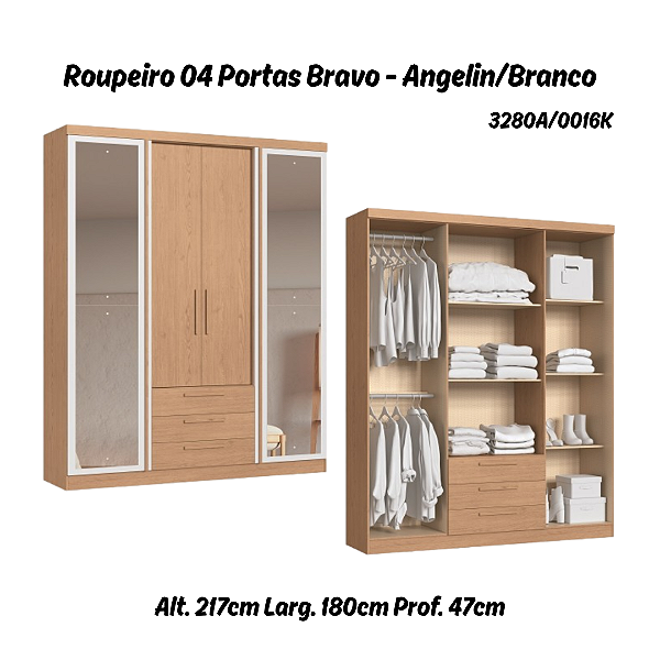 Roupeiro 04 Portas Bravo c/ Espelho G - 3280A - Angelin/Branco - Móveis Castro