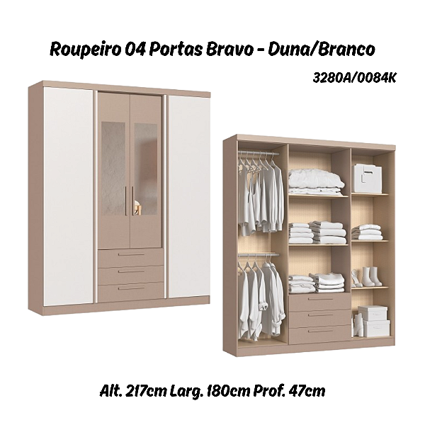 Roupeiro 04 Portas Bravo c/ Espelho P - 3280A - Duna/Branco - Móveis Castro