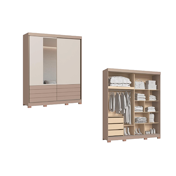 Roupeiro 02 Portas de Correr Magno c/ Espelho P - 0623A - Duna/Blanc - Moveis Castro
