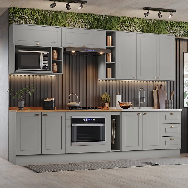 Cozinha Modulada 09 Pçs - Linha Americana - Cinza - Móveis Henn