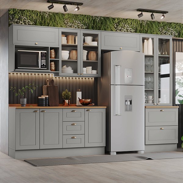 Cozinha Modulada 07 Pçs - Linha Americana - Cinza - Móveis Henn