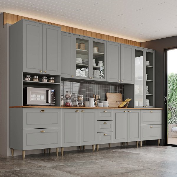 Cozinha Modulada 06 Pçs - Linha Americana - Cinza - Móveis Henn
