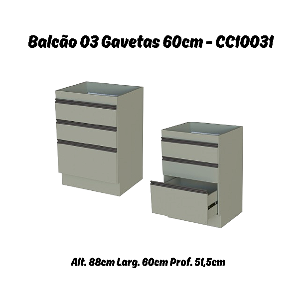 Balcão 03 Gavetas 60cm - Ref. CC10031 - Corda - Linha DA CASA - Móveis Primavera