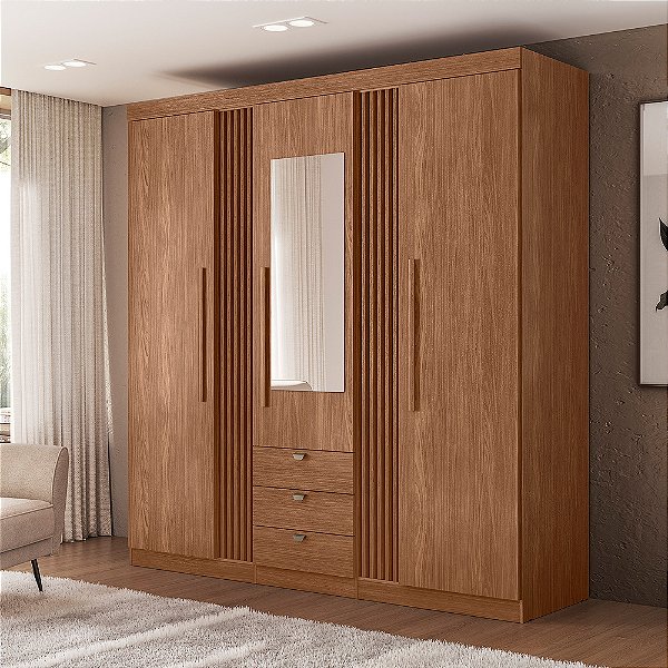 Roupeiro 03 Portas Aurora 3.3 com Espelho - 163844E - Jatoba - Santos Andirá