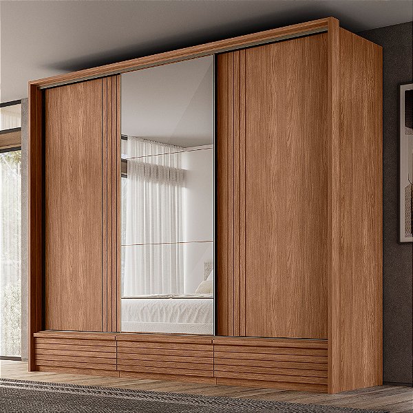 Roupeiro 03 Portas de Correr Democrata - 163643 - Jatoba/Jatoba-Areia Flex - Santos Andira