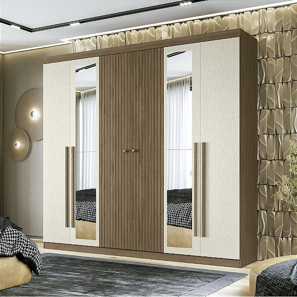 Roupeiro 06 Portas 04 Gavetas Buriti com Espelho - 162343E - Jatoba/Areia - Santos Andira