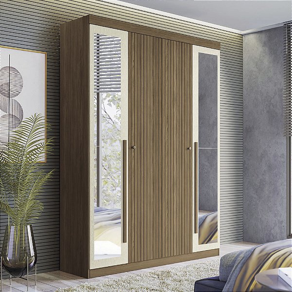 Roupeiro 04 Portas 02 Gavetas Buriti com Espelho - 162443E - Jatoba/Areia - Santos Andira