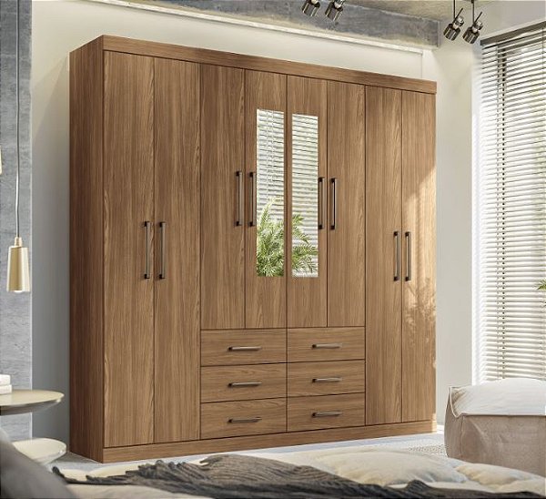 Roupeiro 08 Portas 06 Gavetas Liverpool  8.6 com Espelho  - 150244E - Jatobá - Santos Andira