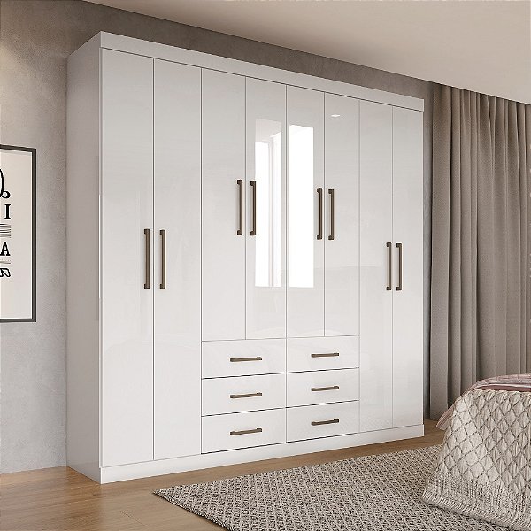 Roupeiro 08 Portas 06 Gavetas Liverpool  8.6 com Espelho  - 150266E - Branco - Santos Andira
