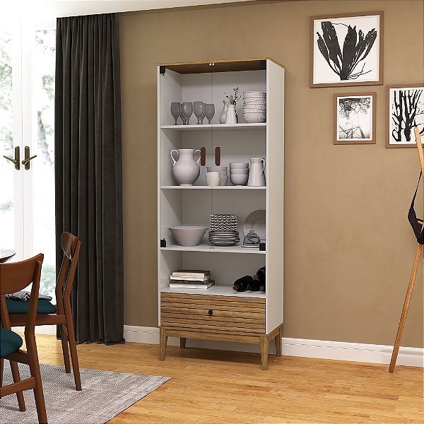 Cristaleira 02 Portas 01 Gaveta - MB 1057 - Mel / Off White - Movelbento