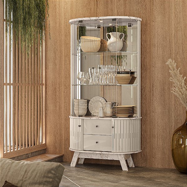 Cristaleira 02 Portas 02 Gavetas Moss - Ref. 311136 - Calacata / Off White - Madetec