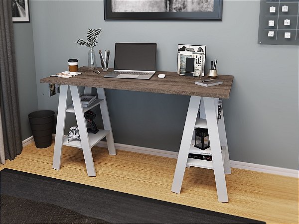Mesa Escrivaninha Self - Linha Design - MB 1034 - Rústico / Branco - Movelbento