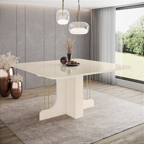 Mesa Mavi Quadrada 150cm c/ Vidro Ref. SC102-139 - Off White - Móveis Henn