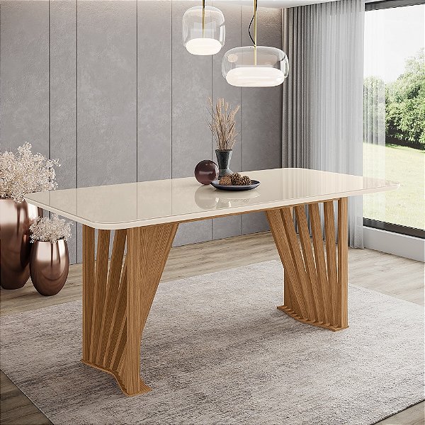 Mesa Adriana Retangular 180cm c/ Vidro Ref. SC82-127 - Nature / Off White - Móveis Henn