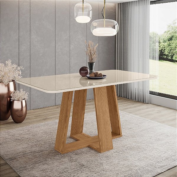 Mesa Lins Retangular 160cm c/ Vidro - Ref. SC92-127 - Nature / Off White - Móveis Henn