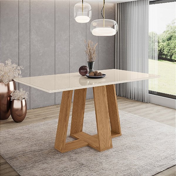 Mesa Lins Retangular 160cm c/ Vidro - Ref. SC93-127 - Nature / Off White - Móveis Henn