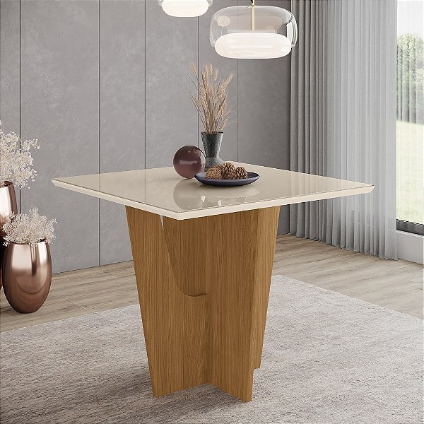 Mesa Vértice Quadrada 90cm c/ Vidro Ref. S207-127 - Nature / Off White - Móveis Henn