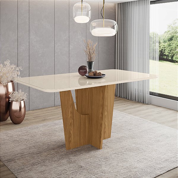 Mesa Vértice Retangular 160cm c/ Vidro Ref. SC35-127 - Nature / Off White - Móveis Henn