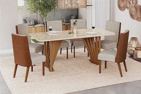 Conjunto de Mesa Adriana 200cm c/ Vidro e Canto Redondo + 06 Cadeiras Anne Corano Caramelo / Linho - Móveis Henn