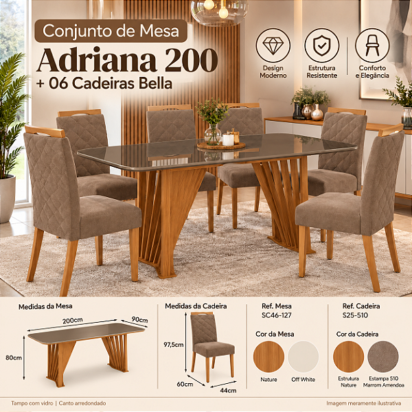 Conjunto de Mesa Adriana 200cm c/ Vidro e Canto Redondo + 06 Cadeiras Bella Marrom Amendoa - Móveis Henn