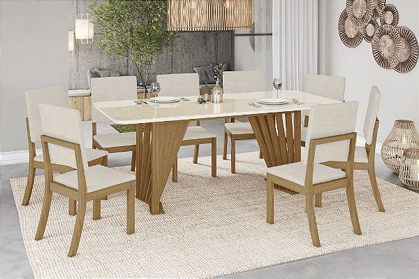 Conjunto de Mesa Adriana 200cm c/ Vidro e Canto Redondo + 08 Cadeiras Milla Linho - Móveis Henn
