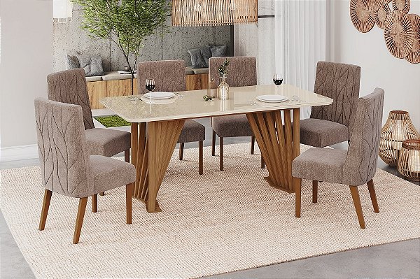 Conjunto de Mesa Adriana 180cm c/ Vidro e Canto Redondo + 06 Cadeiras Eloa Cacao - Móveis Henn