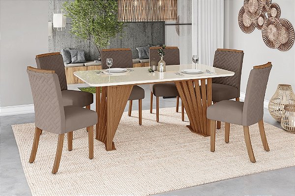 Conjunto de Mesa Adriana 180cm c/ Vidro e Canto Redondo + 06 Cadeiras Malu Marrom Amendoa - Móveis Henn