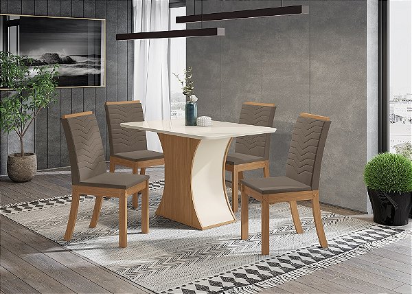Conjunto de Mesa Luiza 120cm c/ Vidro e Canto Redondo + 04 Cadeiras Isa Bege- Móveis Henn
