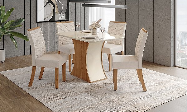 Conjunto de Mesa Luiza 120cm c/ Vidro e Canto Redondo + 04 Cadeiras Vita Linho - Móveis Henn