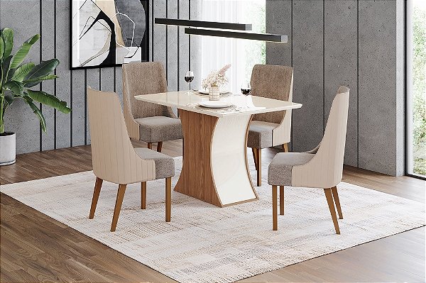 Conjunto de Mesa Luiza 120cm c/ Vidro + 04 Cadeiras Ivy Bege - Móveis Henn