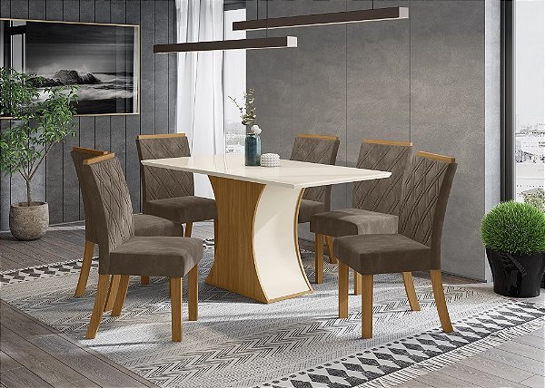 Conjunto de Mesa Luiza 160 + 06 Cadeiras Vita Bege - Móveis Henn