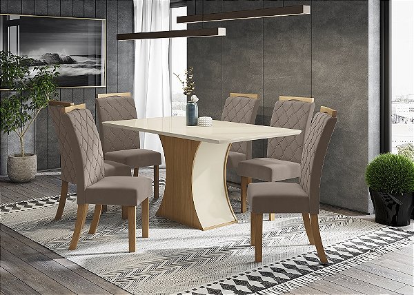 Conjunto de Mesa Luiza 160cm c/ Vidro + 06 Cadeiras Bella Marrom Amendoa - Móveis Henn