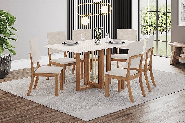 Conjunto de Mesa Natali 160 + 06 Cadeiras Milla Linho - Móveis Henn
