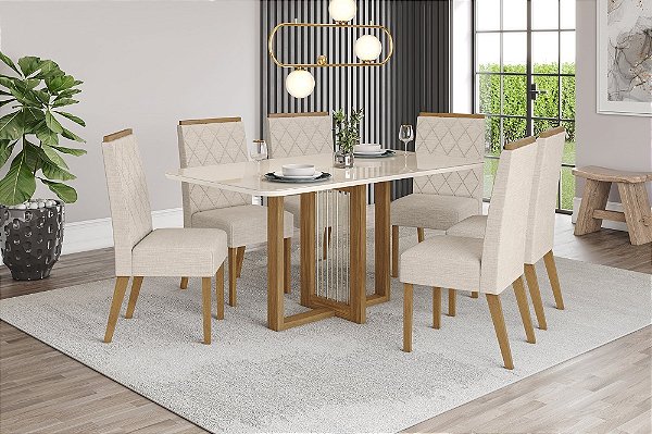Conjunto de Mesa Natali 160cm c/ Vidro e Canto Redondo + 06 Cadeiras Nina Linho - Móveis Henn