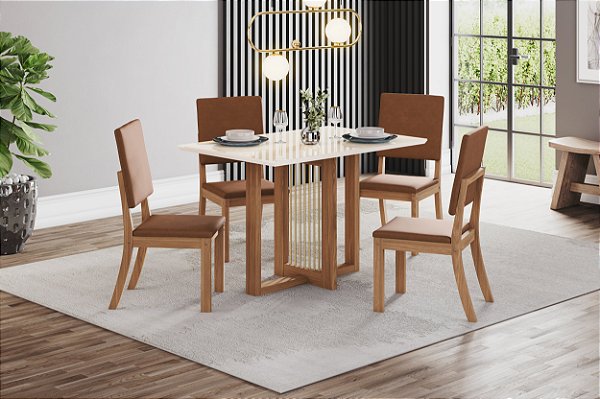 Conjunto de Mesa Natali 120cm + 04 Cadeiras Milla Plus Caramelo - Móveis Henn