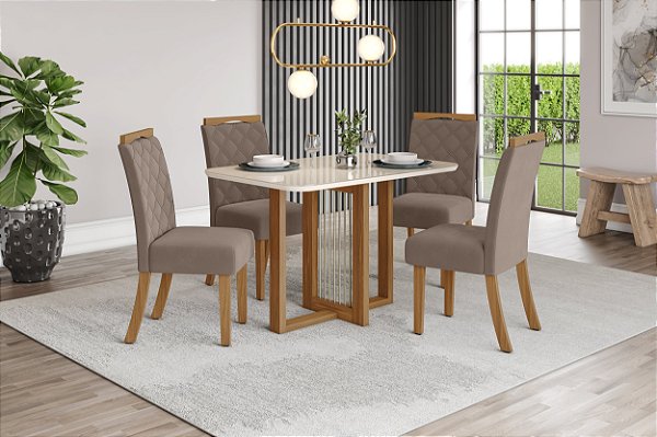 Conjunto de Mesa Natali 120cm c/ Vidro + 04 Cadeiras Bella Marrom Amendoa - Móveis Henn