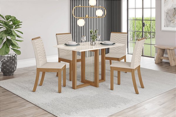 Conjunto de Mesa Natali 120cm c/ Vidro + 04 Cadeiras Isa Linho - Móveis Henn