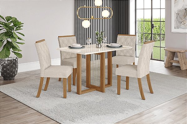 Conjunto de Mesa Natali 120cm c/ Vidro + 04 Cadeiras Vita Linho - Móveis Henn
