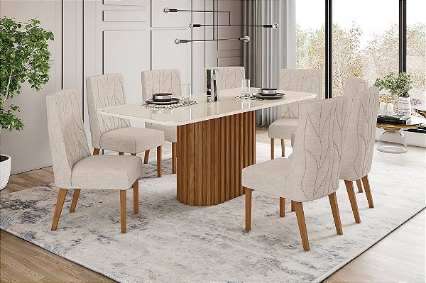 Conjunto de Mesa Solana 200cm c/ Vidro e Canto Redondo + 08 Cadeiras Eloa Linho - Móveis Henn