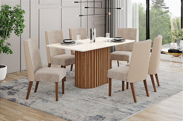 Conjunto de Mesa Solana 160cm + 06 Cadeiras Anne Corano bege/Creme - Móveis Henn