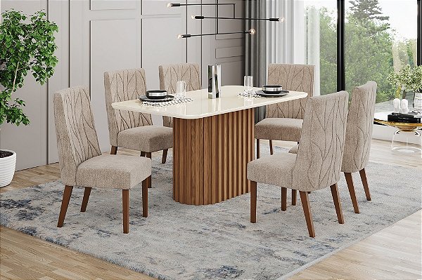 Conjunto de Mesa Solana 160cm c/ Vidro e Canto Redondo + 06 Cadeiras Eloa Creme - Móveis Henn